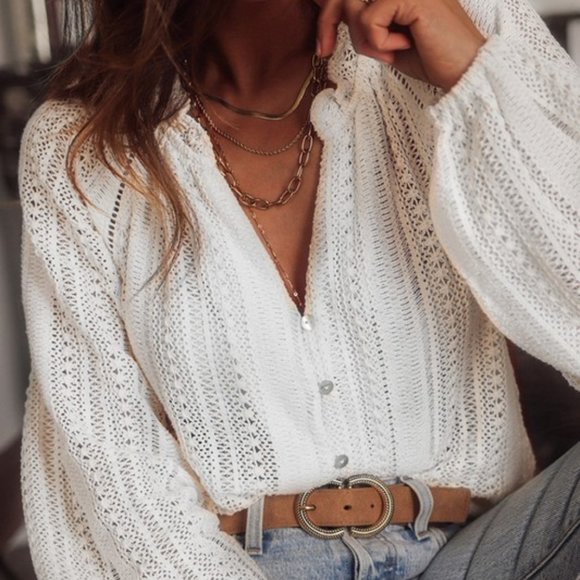 Shop Fig Tops - New Bohemian White Lace Long Sleeve V-Neck Button Front Blouse Top